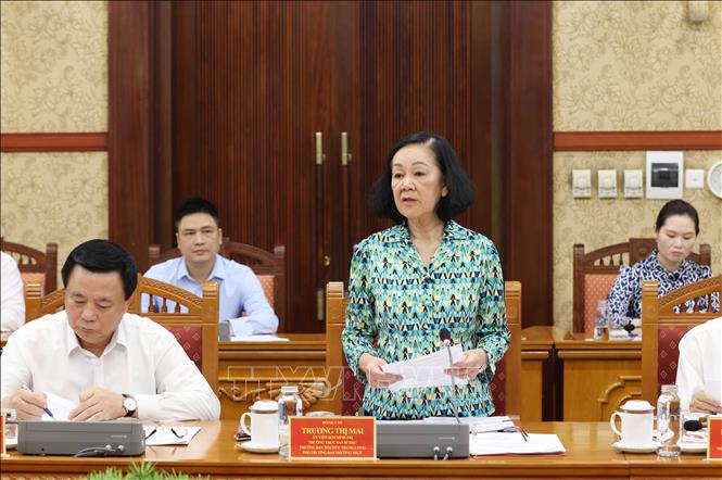 Đồng chí Trương Thị Mai, Ủy viên Bộ Chính trị, Thường trực Ban Bí thư, Trưởng Ban Tổ chức Trung ương, Phó Trưởng Ban Thường trực Ban Chỉ đạo chủ trì Phiên họp. Ảnh: Phương Hoa - TTXVN