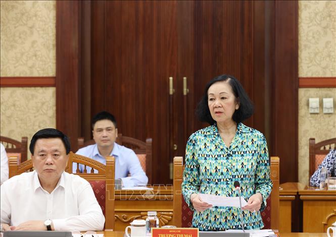 Đồng chí Trương Thị Mai, Ủy viên Bộ Chính trị, Thường trực Ban Bí thư, Trưởng Ban Tổ chức Trung ương, Phó Trưởng Ban Thường trực Ban Chỉ đạo chủ trì Phiên họp. Ảnh: Phương Hoa - TTXVN