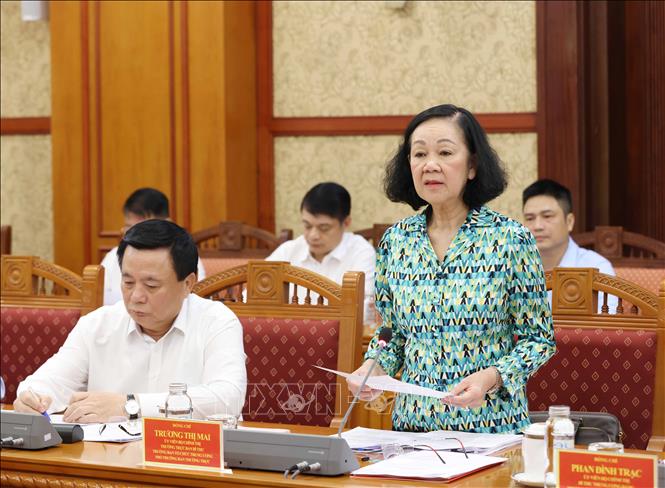 Đồng chí Trương Thị Mai, Ủy viên Bộ Chính trị, Thường trực Ban Bí thư, Trưởng Ban Tổ chức Trung ương, Phó Trưởng Ban Thường trực Ban Chỉ đạo chủ trì Phiên họp. Ảnh: Phương Hoa - TTXVN