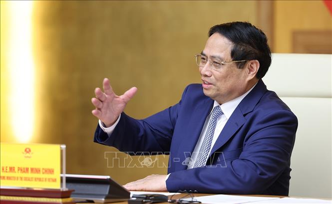 Thủ tướng Phạm Minh Chính phát biểu tại buổi tiếp Giám đốc điều hành Tập đoàn Apple Tim Cook. Ảnh: Dương Giang-TTXVN
