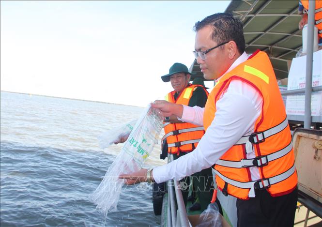 Phó Chủ tịch UBND tỉnh Bạc Liêu Ngô Vũ Thăng thả tôm tái tạo nguồn lợi thủy sản. Ảnh: Chanh Đa-TTXVN