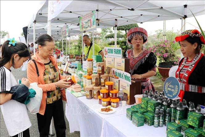 Trưng bày các gian hàng văn hoá, ẩm thực, sản phẩm của các hợp tác xã trên địa bàn tỉnh Thái Nguyên và một số doanh nghiệp Hàn Quốc. Ảnh: Quân Trang-TTXVN 