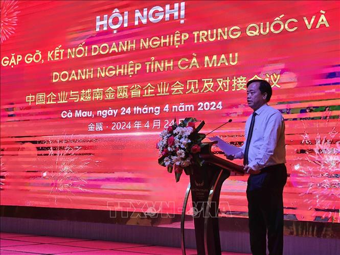 Phó Bí thư Tỉnh ủy, Chủ tịch UBND tỉnh Cà Mau Huỳnh Quốc Việt phát biểu tại Hội nghị. Ảnh: Kim Há-TTXVN