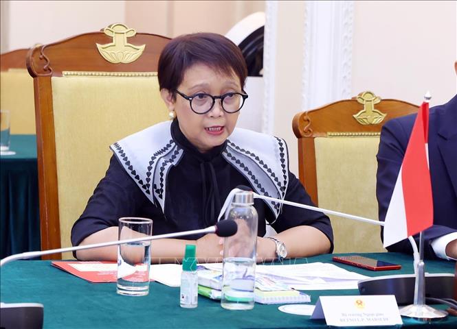 Indonesian Minister of Foreign Affairs Retno Marsudi speaks at the meeting. VNA Photo: Phạm Kiên 