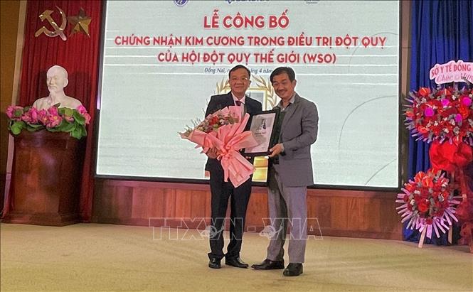 Đại diện Hội Đột quỵ Việt Nam trao chứng nhận kim cương của Hội Đột quỵ Thế giới cho Bệnh viện Đa khoa Đồng Nai. Ảnh: Lê Xuân - TTXVN