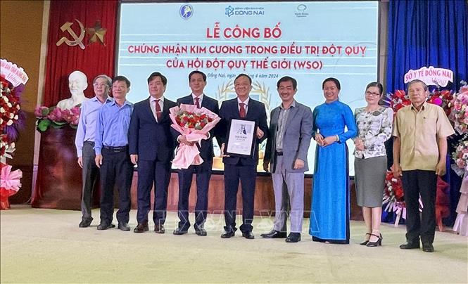 Đại diện Hội Đột quỵ Việt Nam trao chứng nhận kim cương của Hội Đột quỵ Thế giới cho Bệnh viện Đa khoa Đồng Nai. Ảnh: Lê Xuân - TTXVN