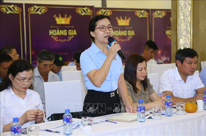 Phó Giám đốc Sở Nông nghiệp và Phát triển nông thôn tỉnh Sơn La Cầm Thị Phong trả lời các câu hỏi của HTX và doanh nghiệp tại Hội thảo. Ảnh: Quang Quyết-TTXVN
