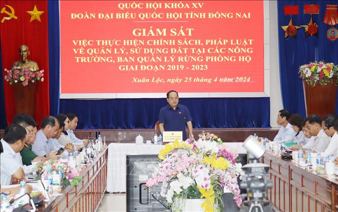 Ông Quản Minh Cường, Trưởng Đoàn đại biểu Quốc hội Đồng Nai phát biểu tại buổi giám sát tại huyện Xuân Lộc. Ảnh: Công Phong - TTXVN