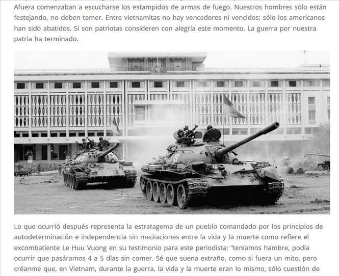 Ảnh chụp màn hình bài báo về Chiến thắng 30/4 của dân tộc Việt Nam đăng trên trang web Đài phát thanh quốc gia Radio Argentina. Ảnh: Diệu Hương, phóng viên TTXVN tại Argentina