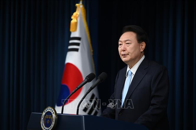(Tư liệu) Tổng thống Hàn Quốc Yoon Suk Yeol phát biểu tại thủ đô Seoul. Ảnh: Yonhap/TTXVN