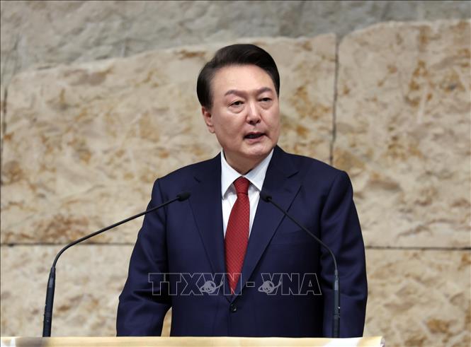 (Tư liệu) Tổng thống Hàn Quốc Yoon Suk Yeol phát biểu tại thủ đô Seoul. Ảnh: Yonhap/TTXVN