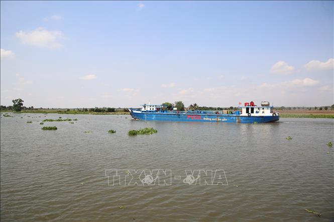 Mặt sông Vàm Cỏ Đông thông thoáng, thuận lợi cho tàu vận chuyển hàng hóa trên sông. Ảnh: Thanh Tân - TTXVN