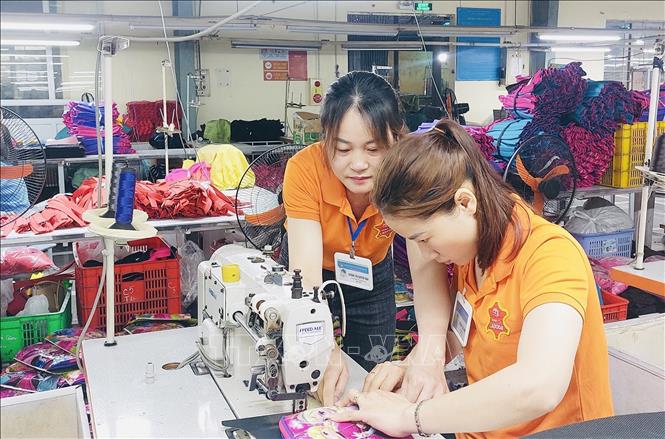 Nữ chuyền trưởng 3 Dương Quỳnh Nga Công ty TNHH sản xuất dịch vụ thương mại sản phẩm da Ladoda hướng dẫn công nhân mới về các thao tác kỹ thuật may. Ảnh: Minh Nghĩa - TTXVN

