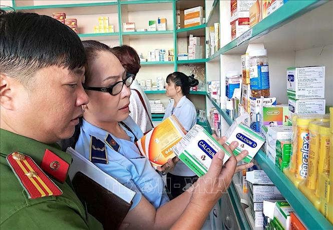 Đoàn giám sát HĐND Thành phố Hồ Chí Minh kiểm tra tại một cơ sở kinh doanh thuốc trên địa bàn quận Tân Phú. Ảnh: Đinh Hằng - TTXVN