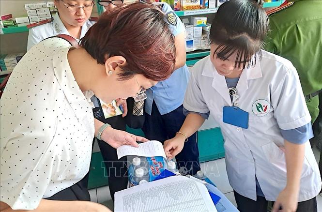 Đoàn giám sát HĐND Thành phố Hồ Chí Minh kiểm tra tại một cơ sở kinh doanh thuốc trên địa bàn quận Tân Phú. Ảnh: Đinh Hằng - TTXVN