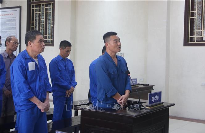 Bị cáo Lưu Minh Hải (đứng đầu) cùng các đồng phạm tại phiên xét xử. Ảnh: Thu Hoài - TTXVN