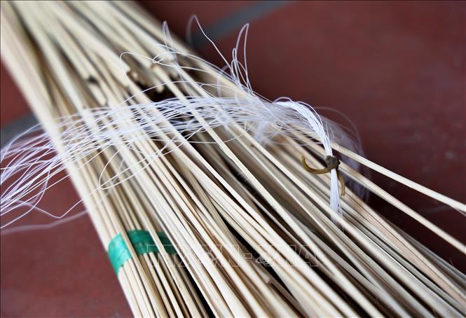 Materials to make conical hats: Thin bamboo sticks from the forest to make conical frames and the thin white threads to sew the palm leaves and the frame together. VNA Photo: Hồng Đạt