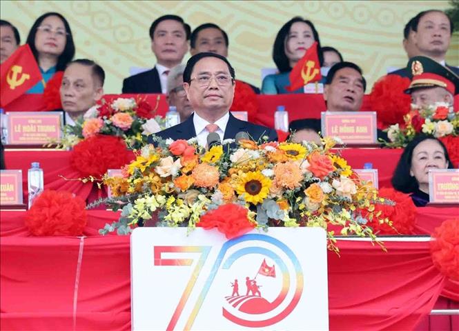 Thủ tướng Chính phủ Phạm Minh Chính đọc Diễn văn kỷ niệm 70 năm Chiến thắng Điện Biên Phủ. Ảnh: Dương Giang - TTXVN