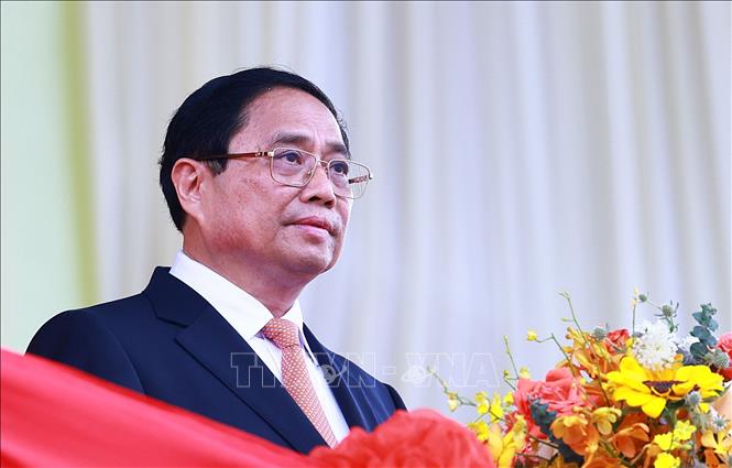 Thủ tướng Chính phủ Phạm Minh Chính đọc Diễn văn kỷ niệm 70 năm Chiến thắng Điện Biên Phủ. Ảnh: Dương Giang - TTXVN