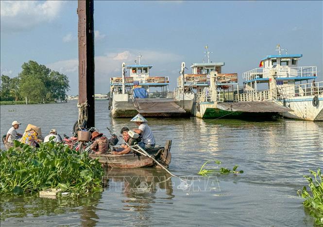 Dù biết nguy hiểm nhưng những người lao động nghèo không còn cách nào khác là đi trên những chiếc thuyền gỗ nhỏ để vượt sông Hậu khi phà neo tại bến phía bờ Cần Thơ bị ngưng hoạt động trưa 6/5. Ảnh: Thanh Liêm - TTXVN