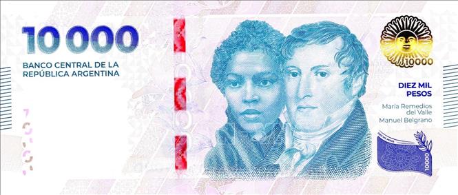 Mặt trước tờ tiền mệnh giá 10.000 peso của Argentina. Ảnh: THX/TTXVN