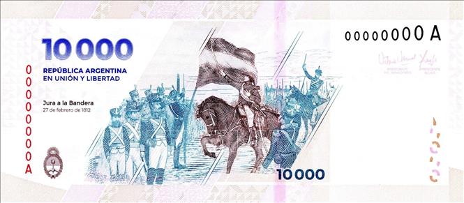 Mặt sau tờ tiền mệnh giá 10.000 peso của Argentina. Ảnh: THX/TTXVN