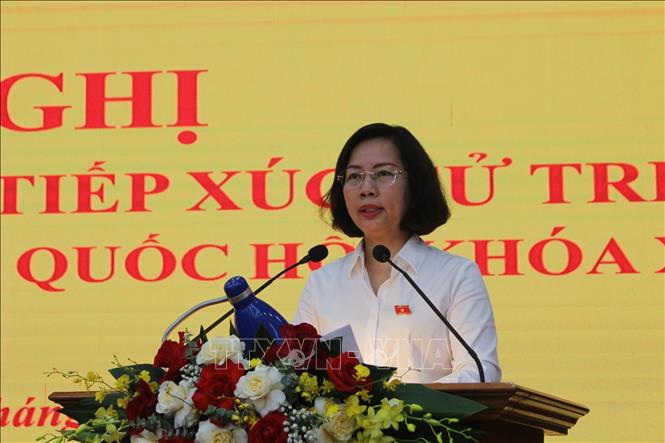 Đại biểu Quốc hội Bùi Huyền Mai phát biểu tại buổi tiếp xúc cử tri. Ảnh: TTXVN phát