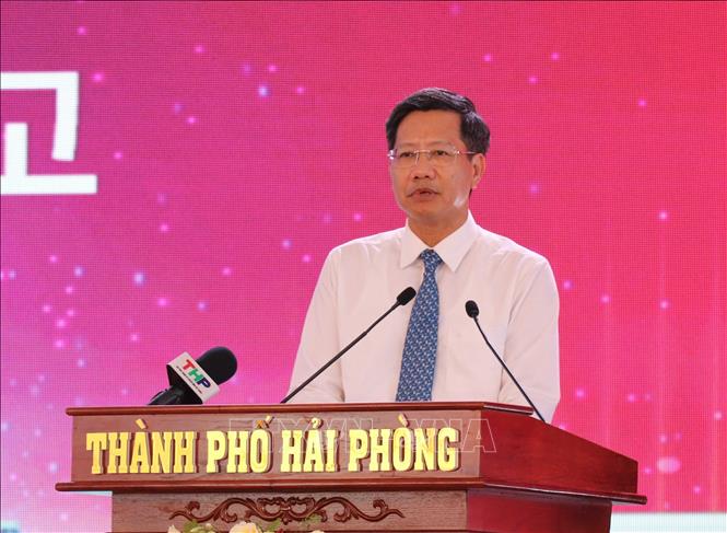 Phó Chủ tịch thường trực UBND thành phố Hải Phòng Lê Anh Quân phát biểu tại Lễ khởi công Dự án. Ảnh: Hoàng Ngọc - TTXVN