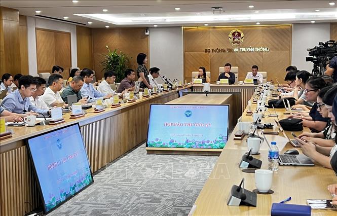 Quang cảnh buổi họp báo thường kỳ tháng 5/2024 của Bộ Thông tin và Truyền thông. Ảnh: Ngọc Bích – TTXVN