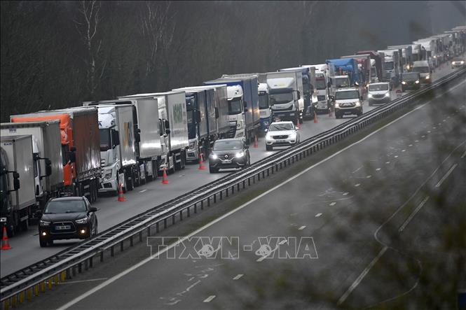 Xe tải nối đuôi nhau trên một tuyến đường gần Ploermel, Pháp. Ảnh: AFP/TTXVN