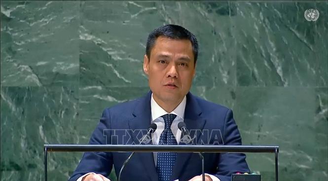 Ambassador Dang Hoang Giang, Vietnam's Permanent Representative to the UN at the UNGA’s emergency special session on the Middle East situation and the Palestine issue in New York on May 13. VNA Photo: Thanh Tuấn