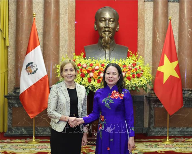 Quyền Chủ tịch nước Võ Thị Ánh Xuân với Đại sứ Peru Patricia Yolanda Raez Portocarrrero. Ảnh: Thống Nhất – TTXVN