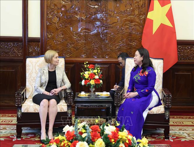 Quyền Chủ tịch nước Võ Thị Ánh Xuân tiếp Đại sứ Peru Patricia Yolanda Raez Portocarrrero. Ảnh: Thống Nhất – TTXVN