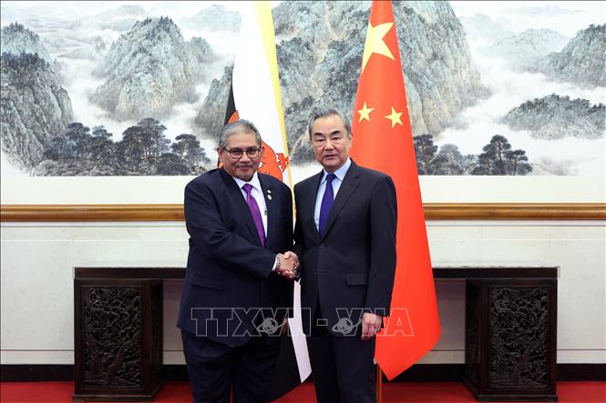 Bộ trưởng Ngoại giao Trung Quốc Vương Nghị (phải) và Bộ trưởng thứ hai Bộ Ngoại giao Brunei Dato Erywan Pehin Yusof trong cuộc gặp ở Bắc Kinh, ngày 14/5/2024. Ảnh: THX/TTXVN
