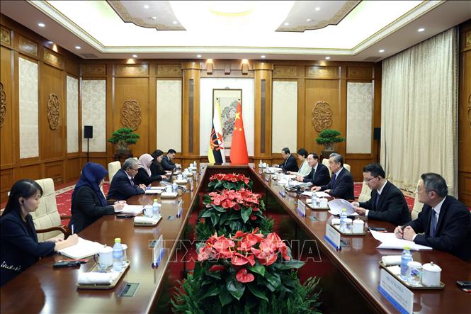 Bộ trưởng Ngoại giao Trung Quốc Vương Nghị (thứ 3, phải) và Bộ trưởng thứ hai Bộ Ngoại giao Brunei Dato Erywan Pehin Yusof (thứ 3, trái) tại cuộc hội đàm ở Bắc Kinh ngày 14/5/2024. Ảnh: THX/TTXVN