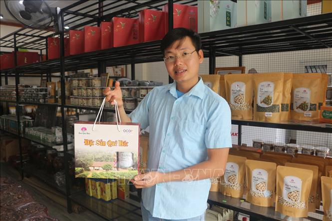 Giới thiệu sản phẩm sen quê Bác tới du khách tham quan. Ảnh: Bích Huệ - TTXVN