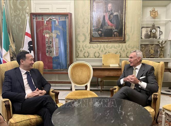 Đại sứ Việt Nam tại Italy Dương Hải Hưng trao đổi với ông Giuseppe De Matteis, Thủ hiến Cagliari. Ảnh: TTXVN phát