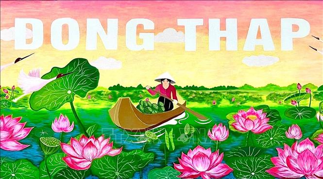 Tác phẩm bích họa “Sắc sen quê nhà” của Trường Mầm non Tân Khánh Trung (huyện Lấp Vò). Ảnh: TTXVN phát