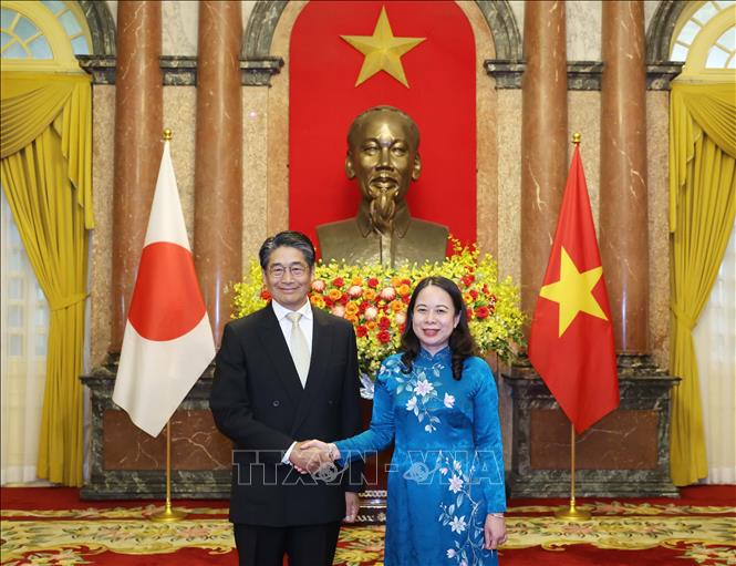 Acting President Vo Thi Anh Xuan receives newly-appointed Japanese Ambassador to Vietnam Ito Naoki. VNA Photo: Thống Nhất 