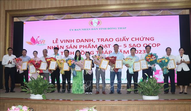 Lãnh đạo tỉnh Đồng Tháp trao chứng nhận cho 40 sản phẩm đạt OCOP 4 sao tại hội thảo. Ảnh: Nguyễn Văn Trí - TTXVN