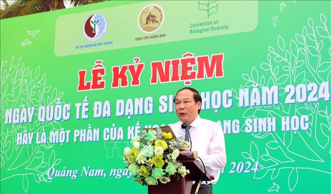 Thứ trưởng Bộ Tài nguyên và Môi trường phát biểu tại lễ kỷ niệm Ngày Quốc tế Đa dạng sinh học năm 2024. Ảnh: Trần Tĩnh - TTXVN