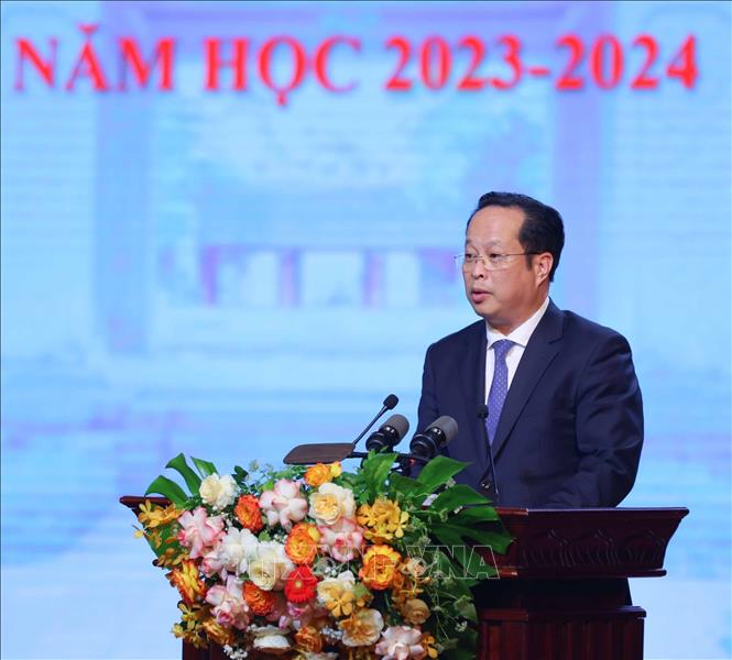 Giám đốc Sở Giáo dục và Đào tạo Hà Nội Trần Thế Cương phát biểu. Ảnh: Thanh Tùng - TTXVN