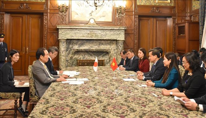 Deputy Prime Minister Le Minh Khai meets Speaker of the Japanese House of Representatives Nukaga Fukushiro. VNA Photo