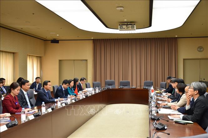 Deputy Prime Minister Le Minh Khai had a meeting with Japanese Minister of Economy, Trade and Industry Saito Ken. VNA Photo