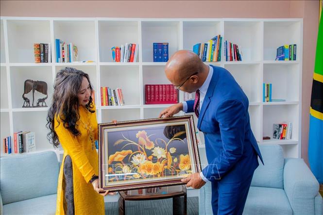 Đại sứ Vũ Thanh Huyền tặng quà lưu niệm Bộ trưởng Bộ Ngoại giao Tanzania January Jusuf Makamba. Ảnh: TTXVN phát