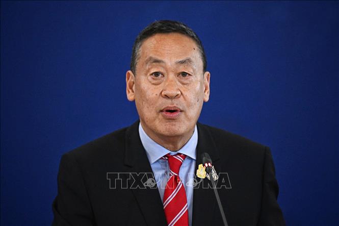 Thủ tướng Thái Lan Srettha Thavisin trong cuộc họp báo ở Bangkok ngày 10/4/2024. Ảnh: AFP/TTXVN