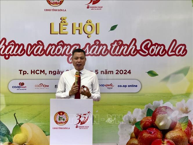 Trong ảnh: Ông Nguyễn Thành Công, Phó Chủ tịch Ủy ban nhân dân tỉnh Sơn La giới thiệu các sản phẩm tại hội chợ. Ảnh: Mỹ Phương – TTXVN