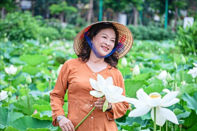 Đến với đầm sen ai cũng muốn lưu lại khoảnh khắc đẹp nhất cho mình. Ảnh: Khánh Hoà - TTXVN
