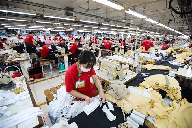 Công nhân làm việc tại xưởng sản xuất hàng may mặc xuất khẩu của Công ty TNHH Seyoung Inc (100% vốn đầu tư của Hàn Quốc) tại Khu công nghiệp Lương Sơn (Hòa Bình). Ảnh: Trọng Đạt-TTXVN