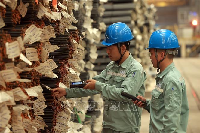 Checking construction steel products at the Hoa Phat Dung Quat Iron and Steel Production Complex in the central province of Quang Ngai. VNA Photo: Tuấn Anh 